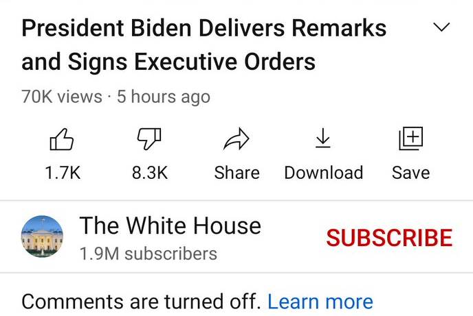 No Dissent Tolerated: Biden White House Channel Disables Comments on All Videos, Scrubs Thousands of Comments