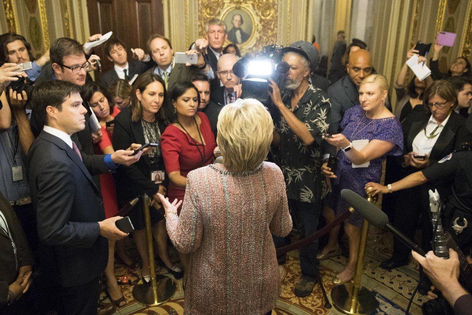 Democratic presidential candidate Hillary Clinton speaks to reporters after meeting with Senate Democrats on Capitol Hill in Washington, Thursday, July 14, 2016. (AP Photo/Evan Vucci)