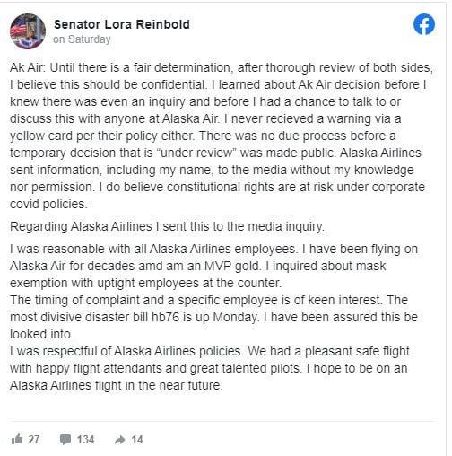 Alaska State Senator Banned From Airline For Refusing to
Wear a Mask 2