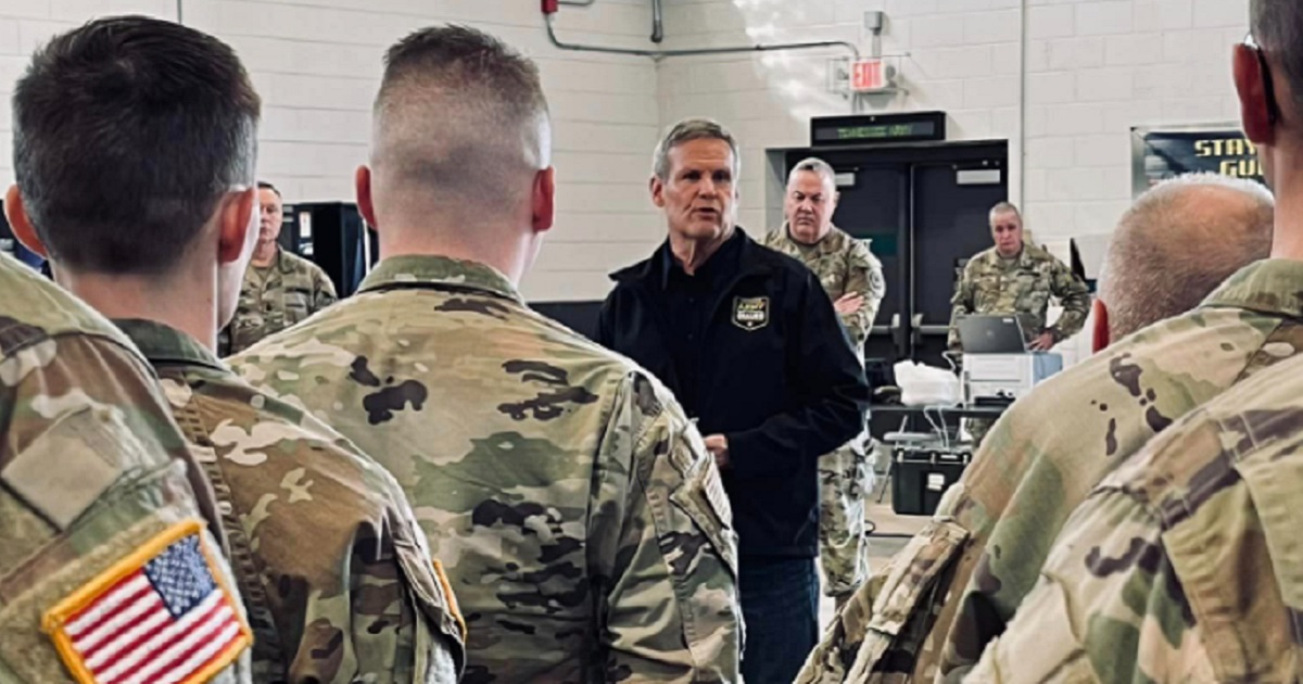 Tennessee Gov. Bill Lee addresses members of the state's National Guard on Saturday at the Millington Tennessee Army National Guard Armory.