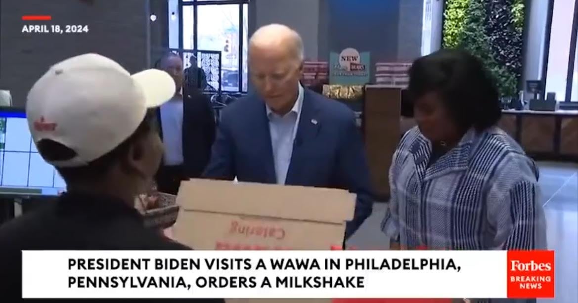Joe Biden Struggles with Takeout Box at Carefully Choreographed Visit to Wawa in Philly…Then Shuffles Away to Get a Milkshake (VIDEO)