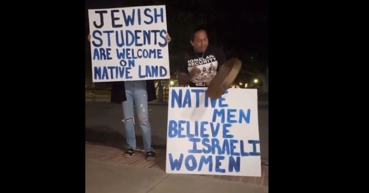 “Hamas and Supporters Are Not Welcome on Native Land!” – Native Americans Come Out in Force – Confront Pro-Hamas Mob at UCLA – Blast Pledge of Allegiance Over Speakers – Beat Drums  in Support of Jews