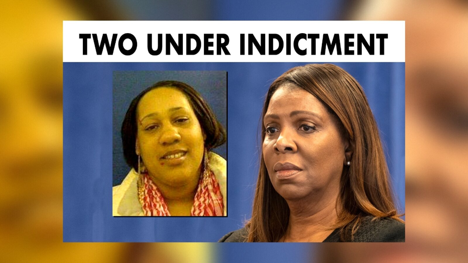 Image showing two individuals involved in an indictment, with one person prominently featured in a press conference setting.