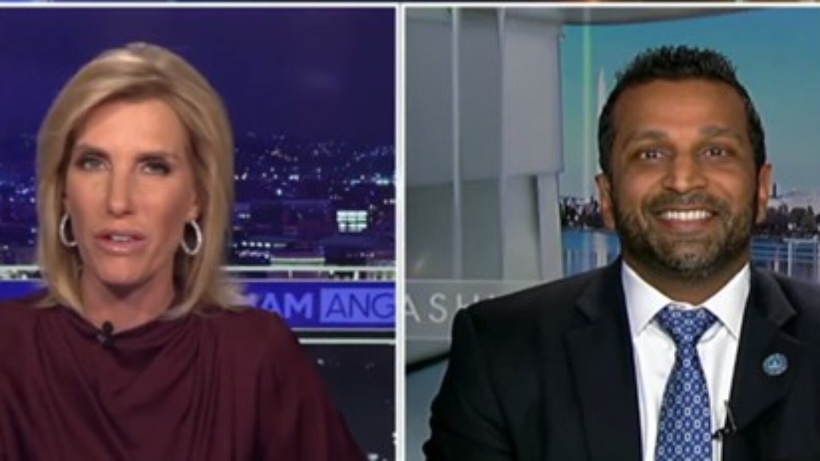 Laura Ingraham interviews a guest on her show, discussing current events with a city skyline backdrop.