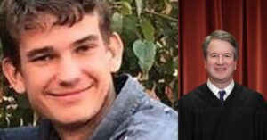 Portraits of a young man smiling outdoors and a judge in formal attire, showcasing contrasting settings and expressions.