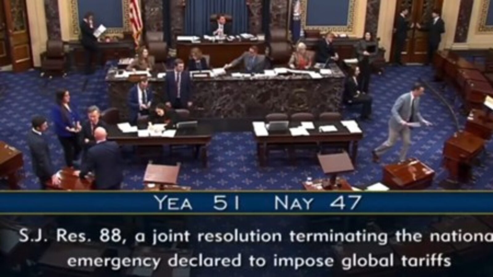 U.S. Senate voting on S.J. Res. 88, a resolution to terminate the national emergency for global tariffs, with results displayed as YEA 51 and NAY 47.