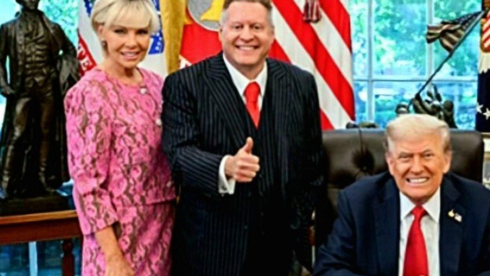 Three individuals pose together in the Oval Office, with flags and a statue in the background, capturing a moment of celebration and camaraderie.