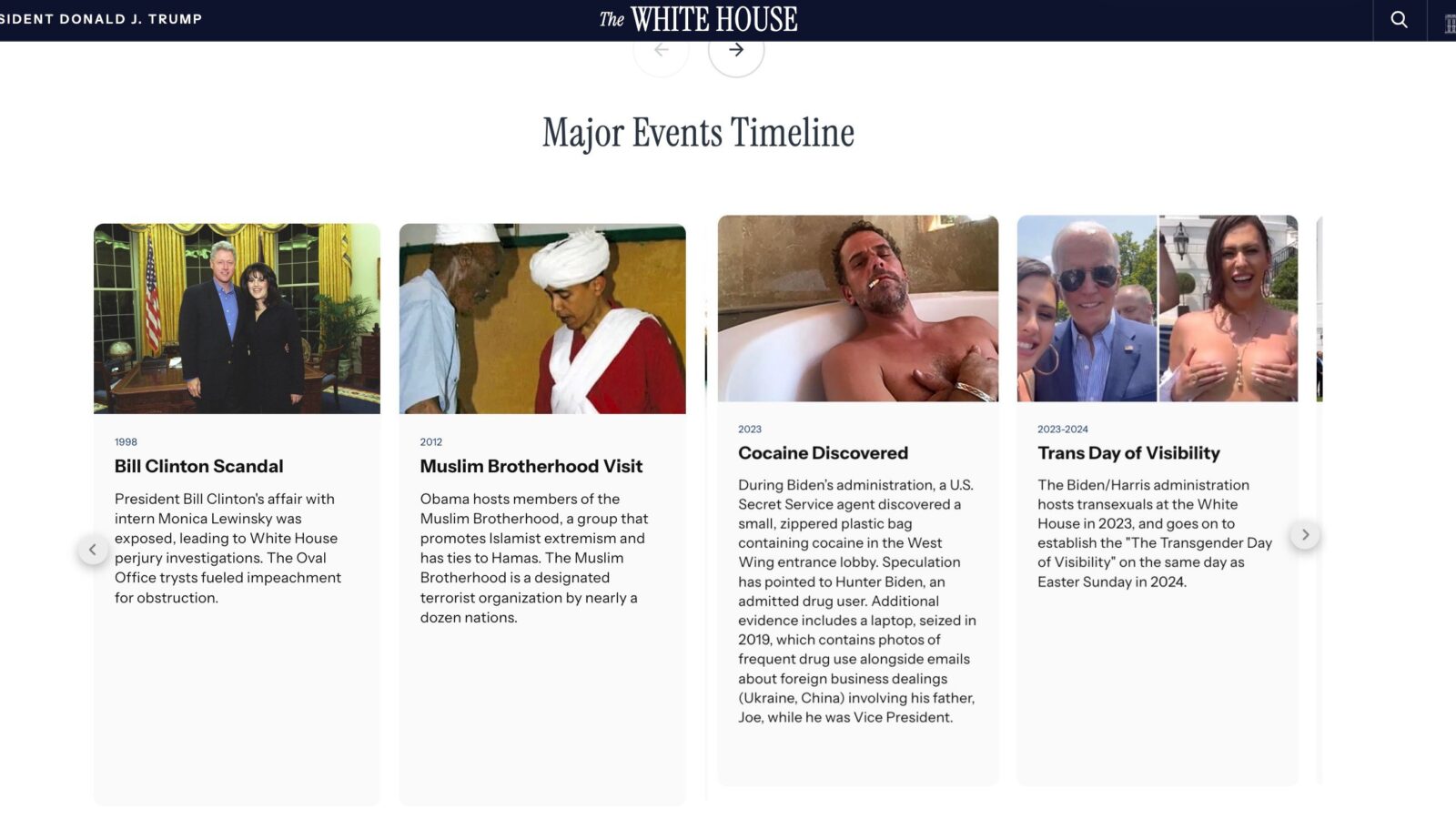 Timeline of major events at the White House, featuring significant political scandals and initiatives from different administrations.