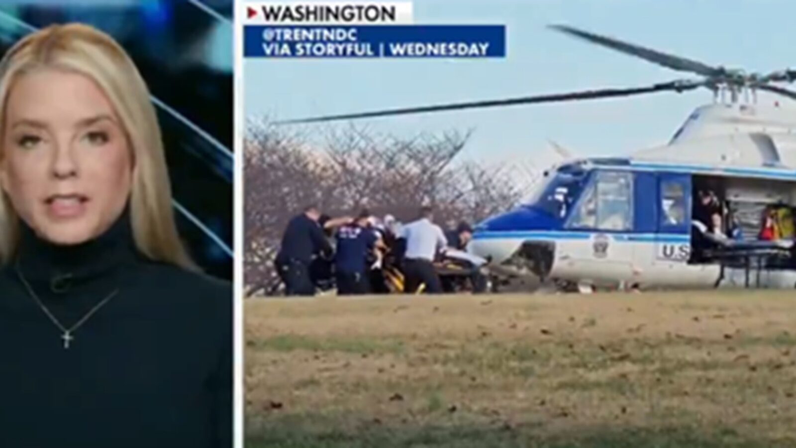 News report showing emergency responders assisting a patient being loaded into a helicopter in Washington, highlighting urgent medical transport.