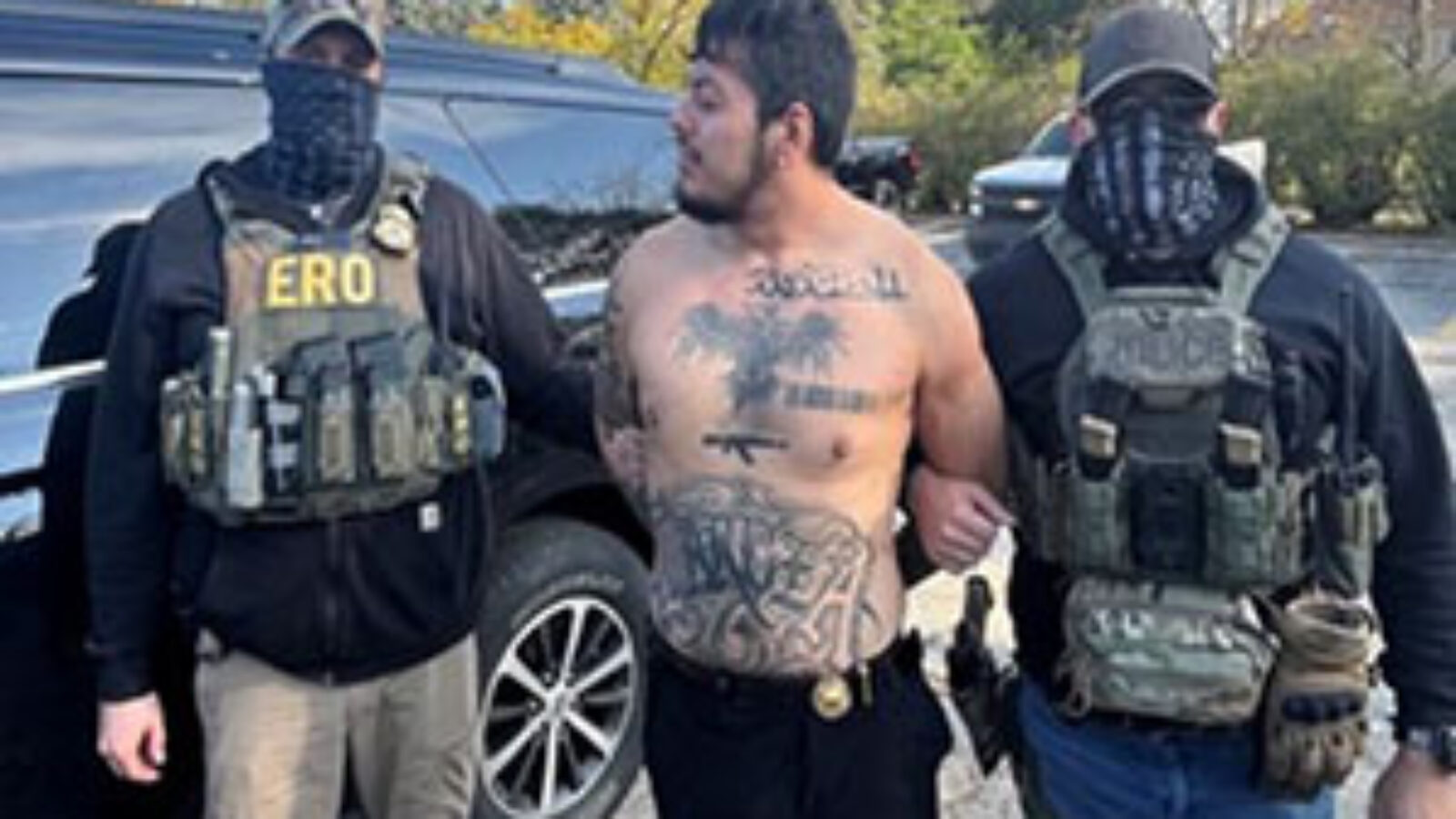 Law enforcement officers in tactical gear apprehending a suspect with visible tattoos in an outdoor setting.