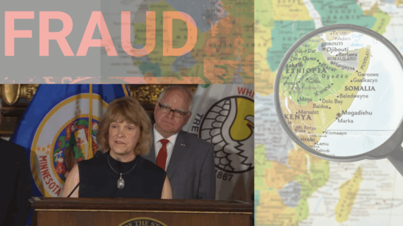 Press conference addressing fraud issues, featuring a speaker with Minnesota state flags and a magnifying glass over a map of East Africa.