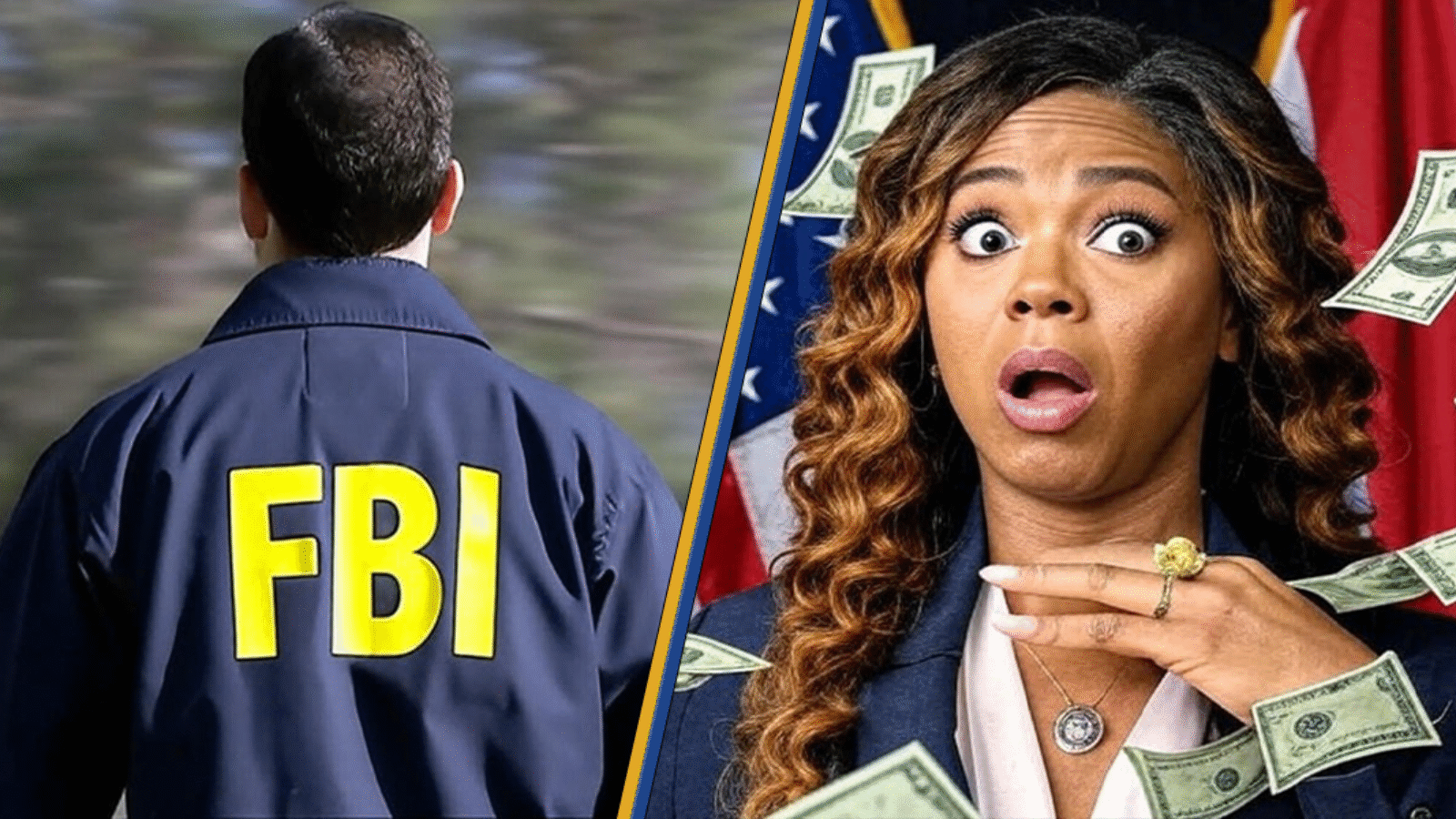 FBI agent in a blue jacket walks away while a surprised woman surrounded by flying dollar bills reacts to unexpected news.