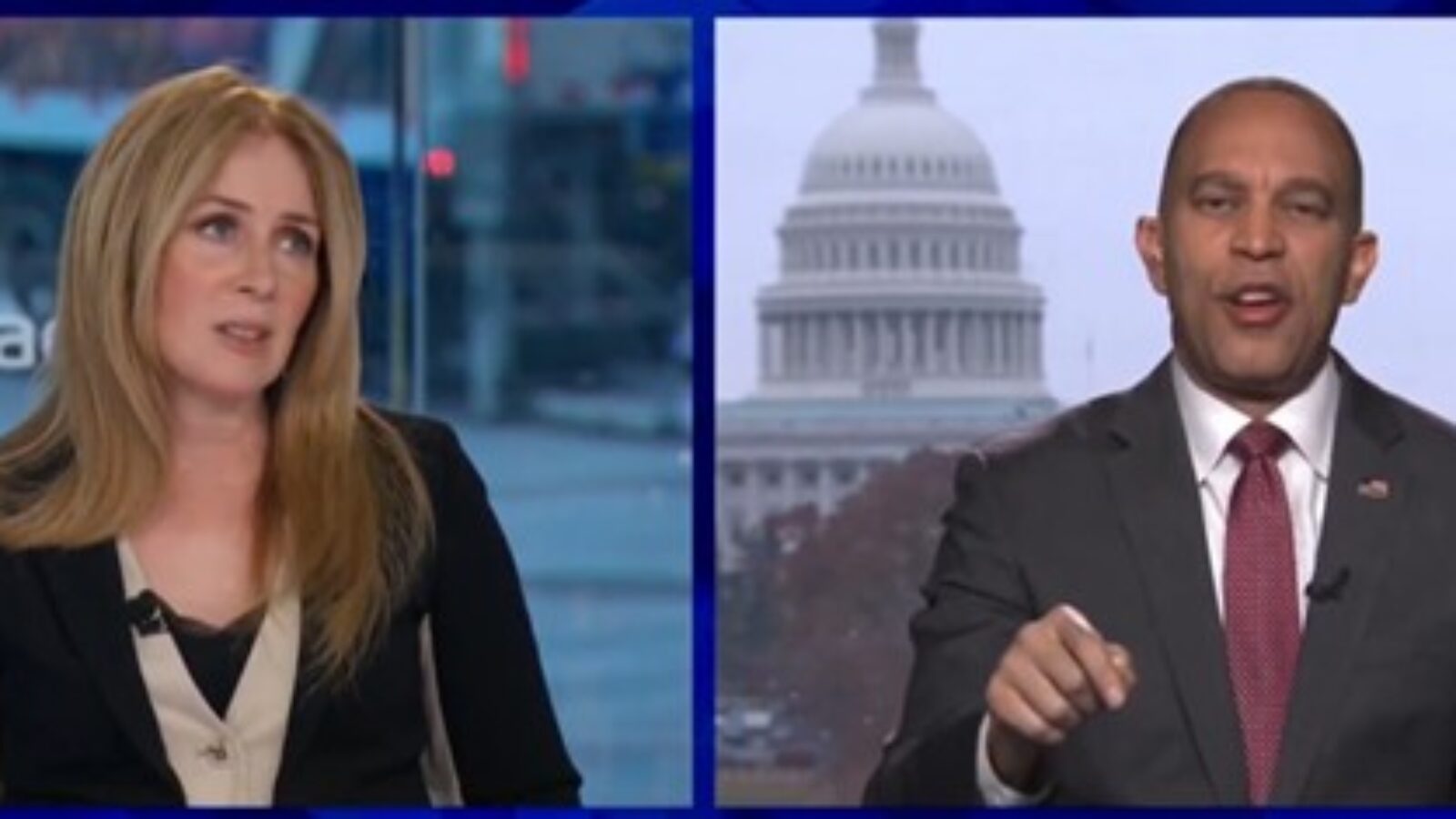 News segment featuring a female host and a male guest discussing political issues, with the U.S. Capitol in the background.