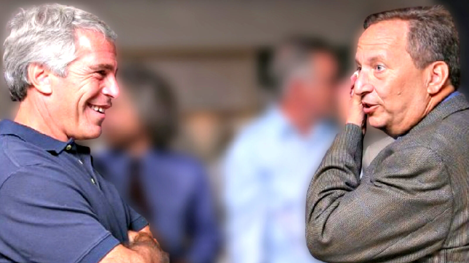 Two men engaged in a conversation, one smiling and the other gesturing, with blurred figures in the background.