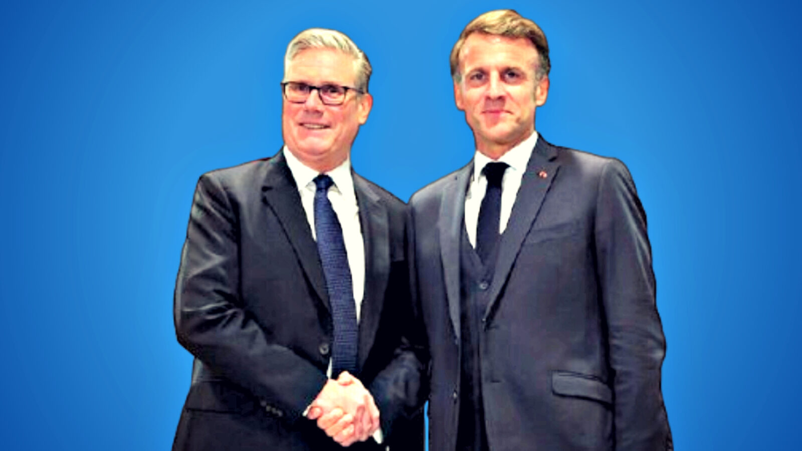 Two politicians shaking hands against a blue background, representing diplomatic relations and cooperation.