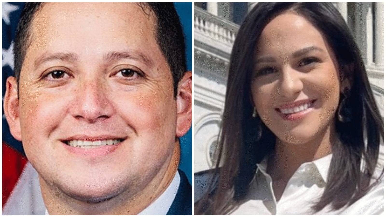Two individuals smiling in professional headshots, one with a background of the American flag and the other outdoors near a historic building.