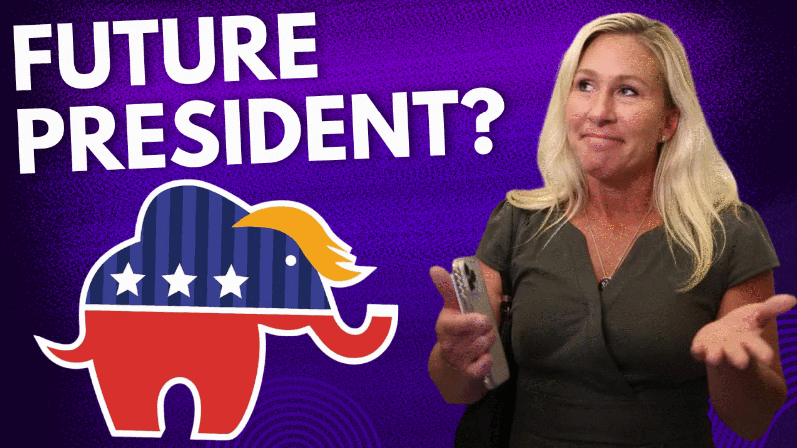 Image of a woman contemplating her political future with a Republican elephant symbol and text asking if she could be a future president.