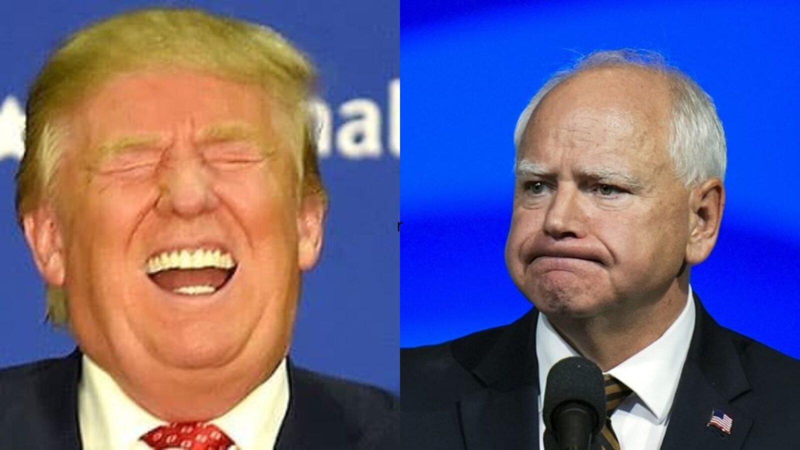 Donald Trump laughing on the left and a serious-looking politician on the right during a public event, highlighting contrasting reactions.