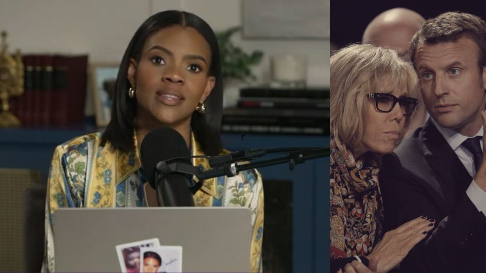 Candace Owens speaking into a microphone during a podcast, with a blurred image of Emmanuel Macron and Brigitte Macron in the background.