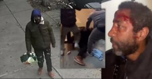 Surveillance image of a man carrying a bag on the street, with a smaller image showing a violent altercation and injuries to another individual.