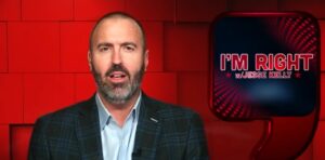 Jesse Kelly speaking on his show I'm Right, discussing current events against a vibrant red background.