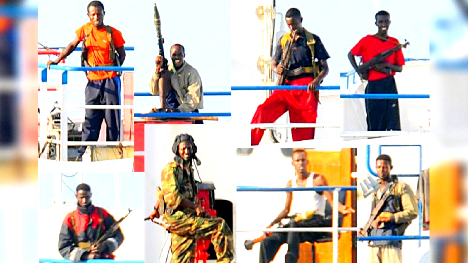 Group of armed individuals on a ship, showcasing various weapons and attire, highlighting maritime security and piracy issues.