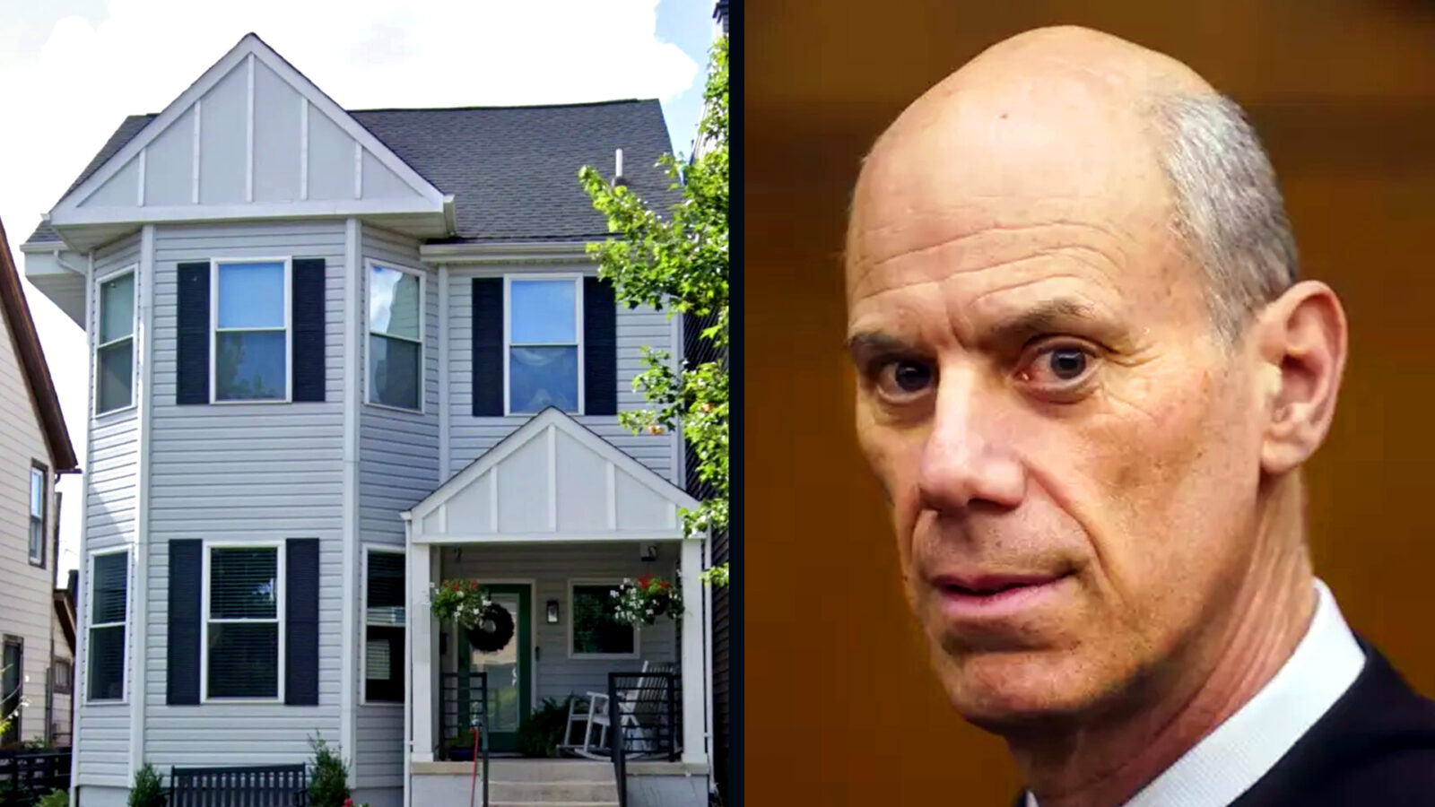 Image of a modern two-story house with a front porch and a close-up of a middle-aged man in a suit, possibly in a professional setting.