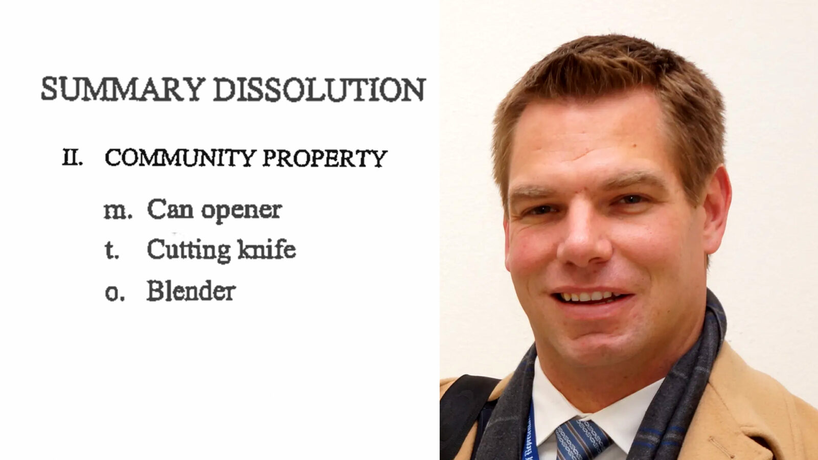 Image showing a summary dissolution document outlining community property items, including a can opener, cutting knife, and blender, alongside a smiling man.