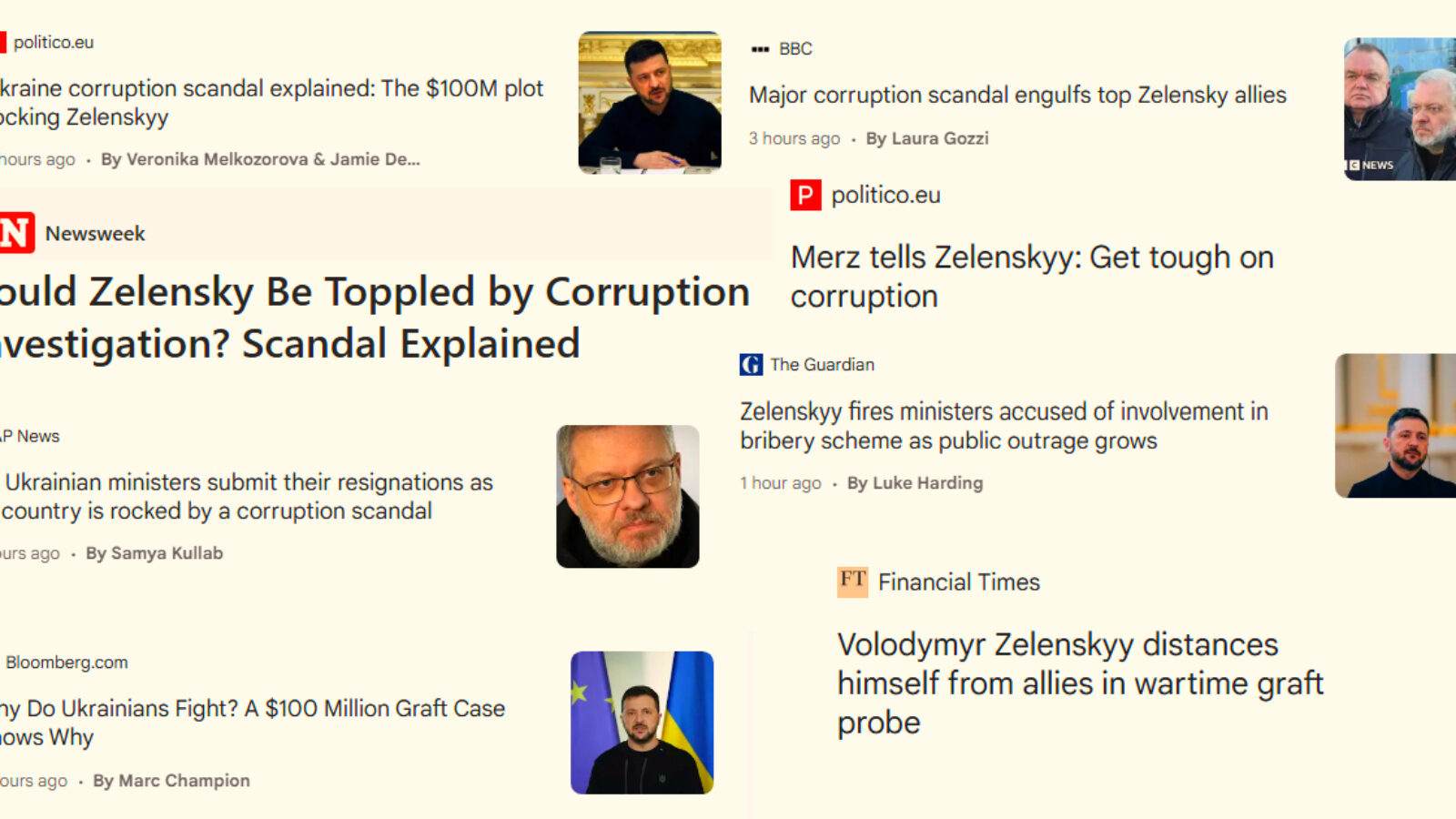 News articles discussing a major corruption scandal involving Ukrainian President Volodymyr Zelenskyy and his ministers, highlighting resignations and public outrage.