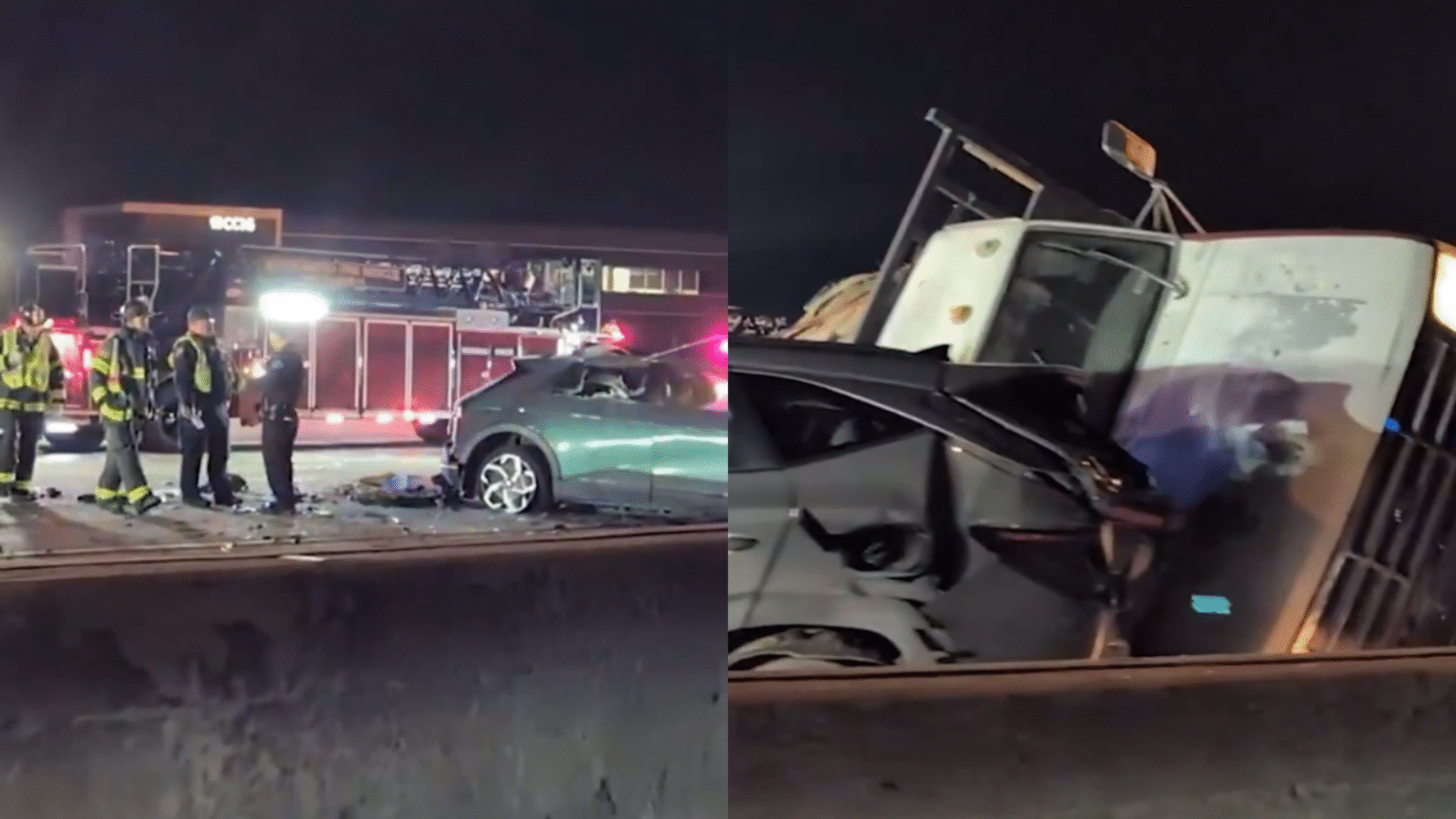 Emergency responders at the scene of a serious multi-vehicle accident on a highway, featuring a damaged green car and an overturned truck.