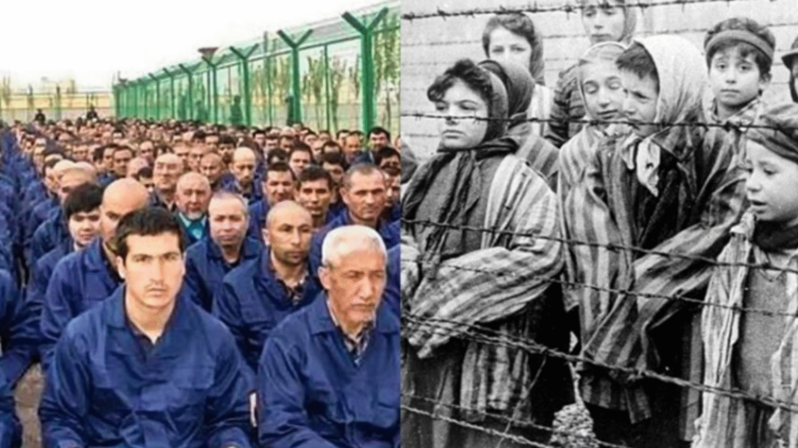 Image depicting two groups of individuals in distressing circumstances, one seated in a modern facility and the other behind barbed wire in historical confinement.