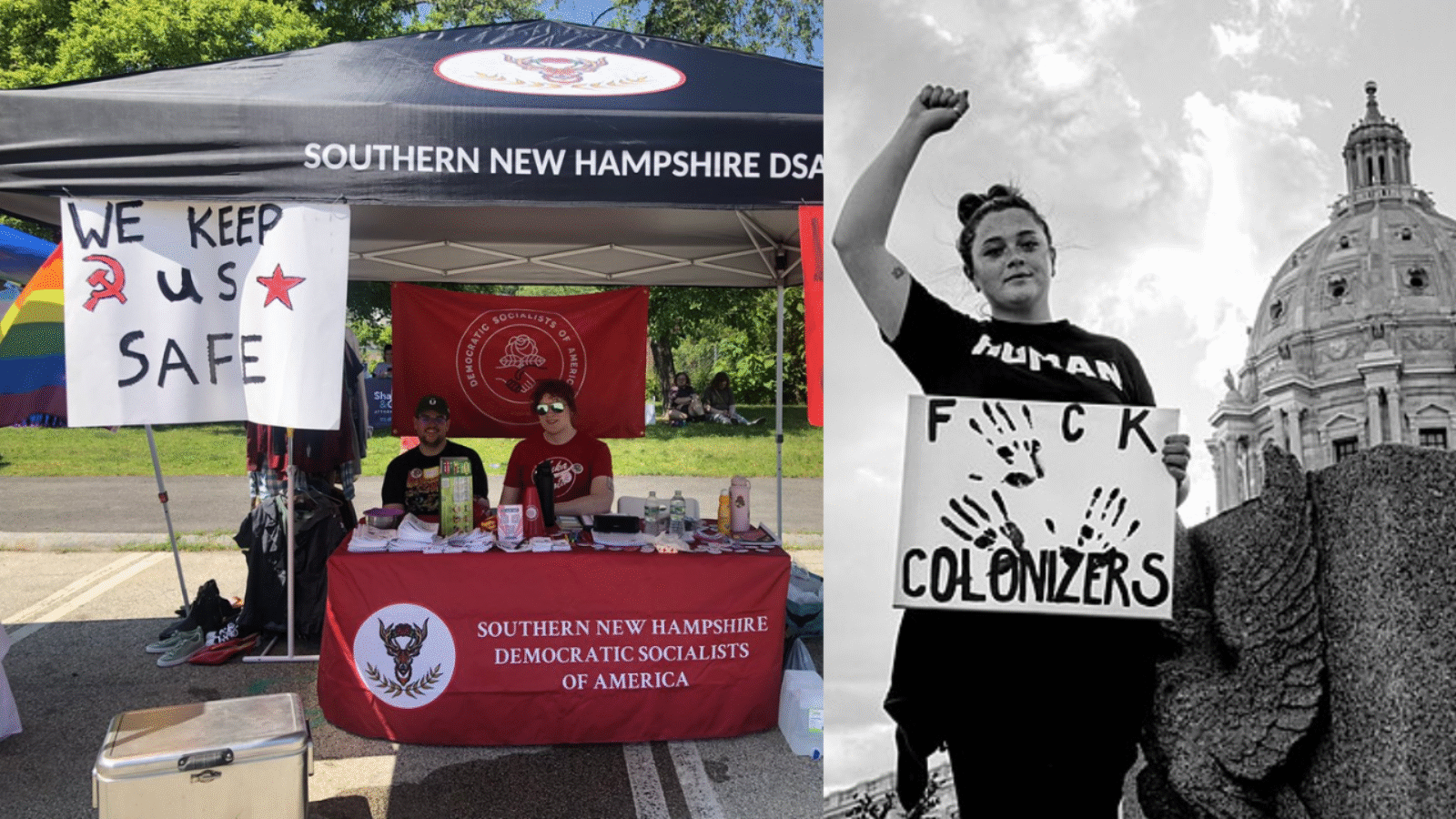 Image of a Southern New Hampshire Democratic Socialists of America booth with activists holding signs advocating for social justice and anti-colonialism at a public event.