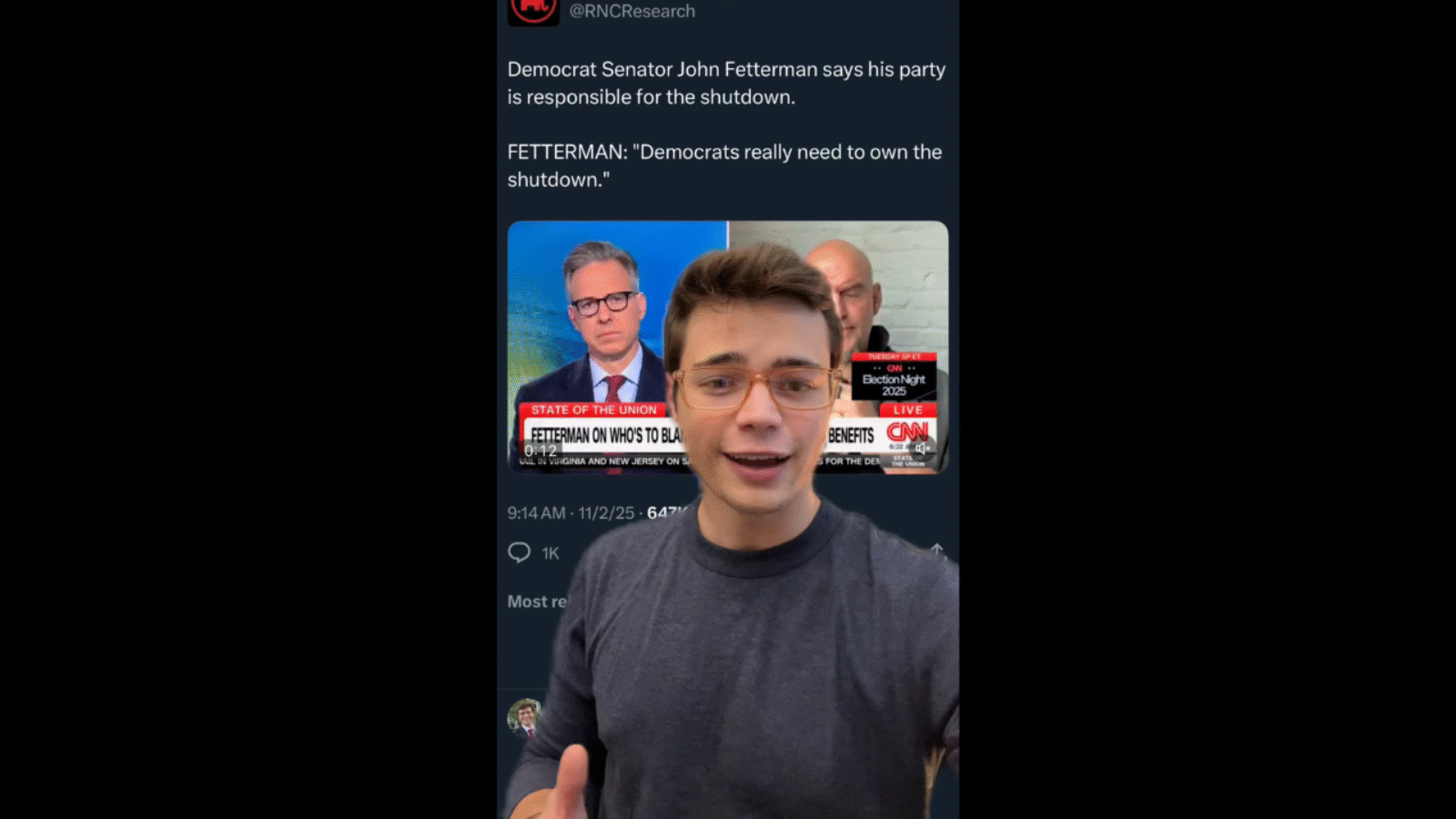 Young man speaking about Senator John Fetterman's comments on party responsibility for a government shutdown, with a CNN segment visible in the background.