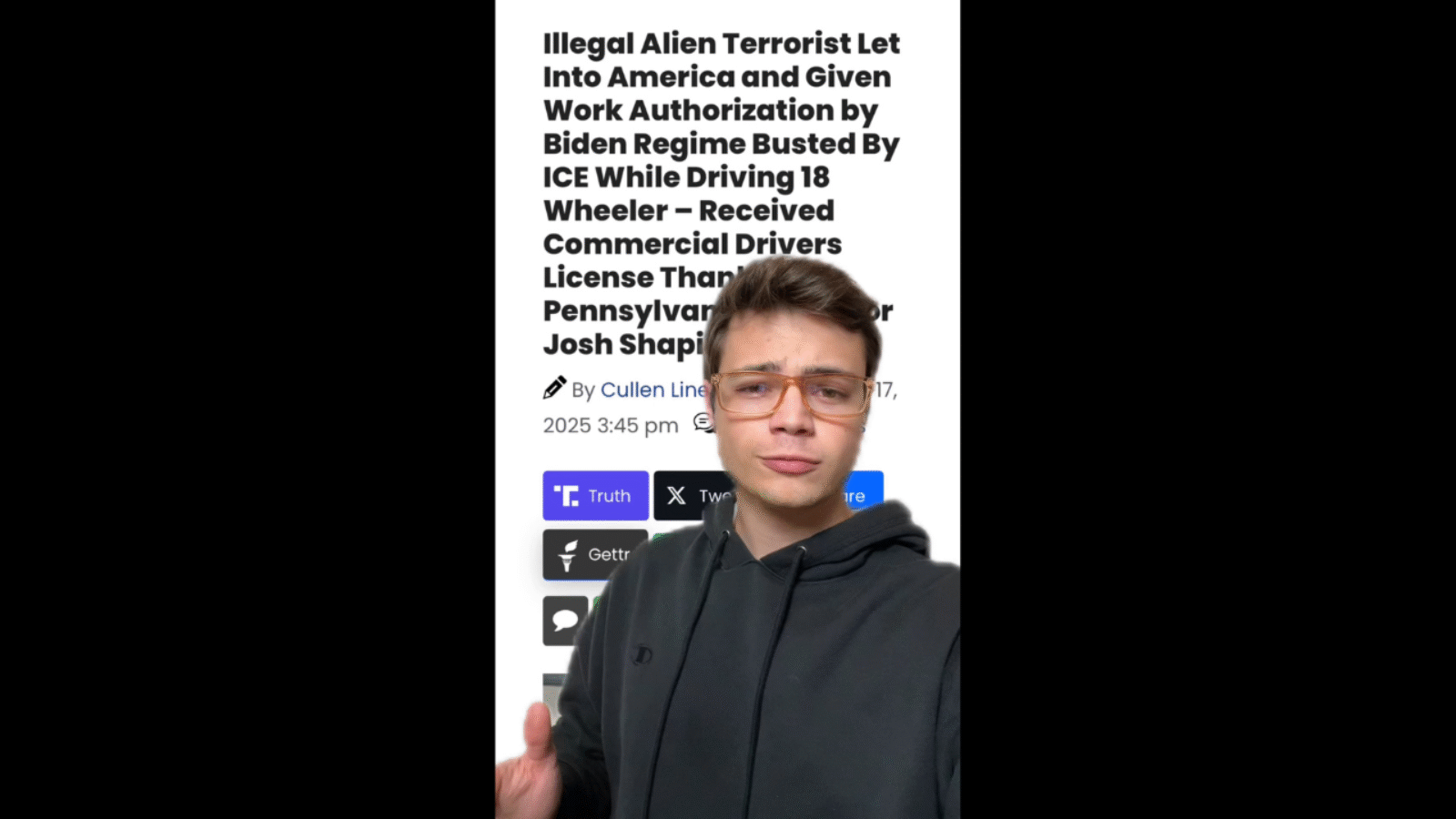 Image of a young man in a hoodie gesturing, with a headline about an illegal alien incident and ICE involvement in the background.
