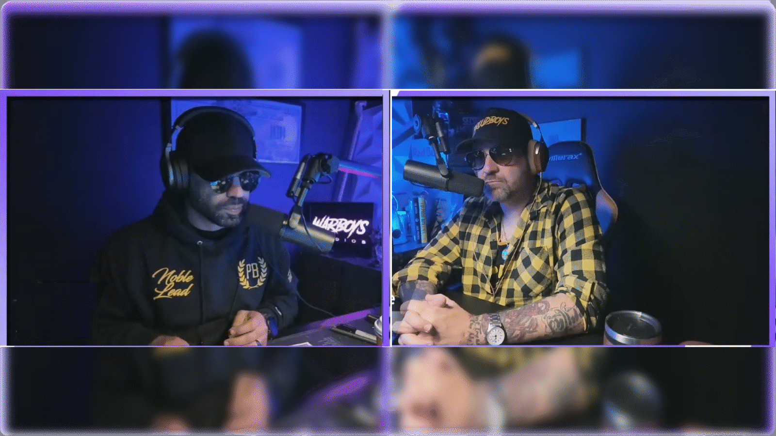 Two men in headphones discussing a topic on a podcast, with a dark background and illuminated studio elements, conveying a professional and engaging atmosphere.