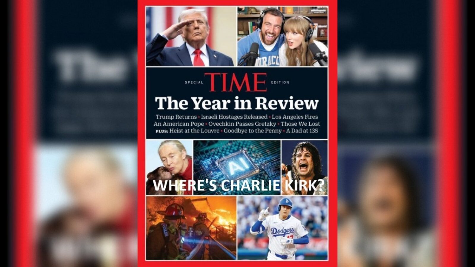 Cover of Time magazine's special edition titled "The Year in Review," featuring notable events and personalities from the year, including Trump, sports highlights, and cultural moments.