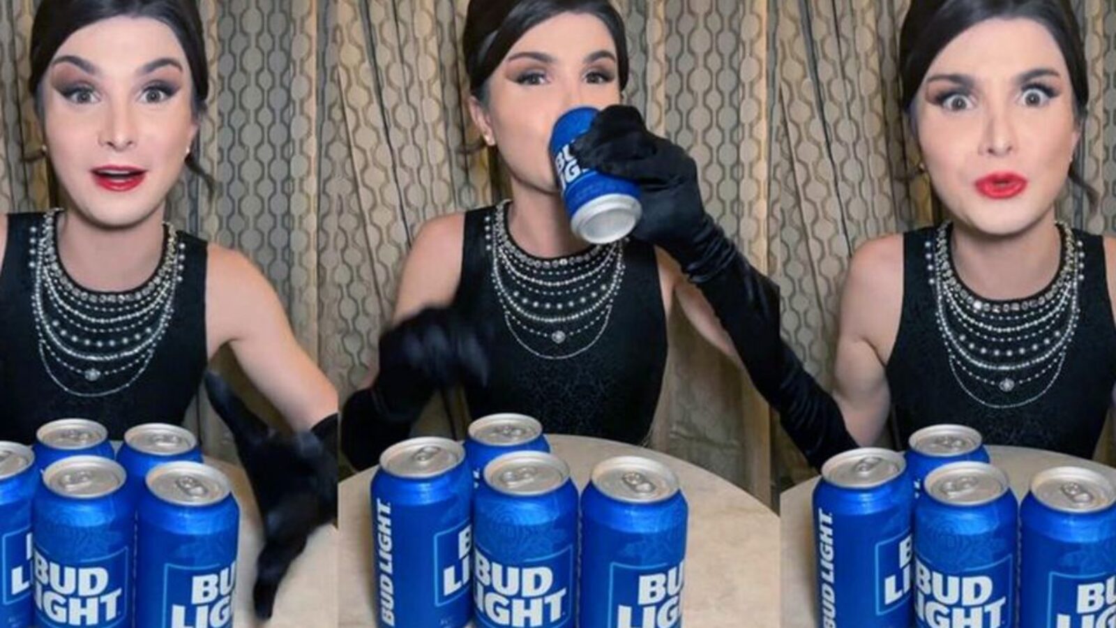 Woman in glamorous attire humorously interacts with multiple cans of Bud Light, showcasing playful expressions and gestures at a table.