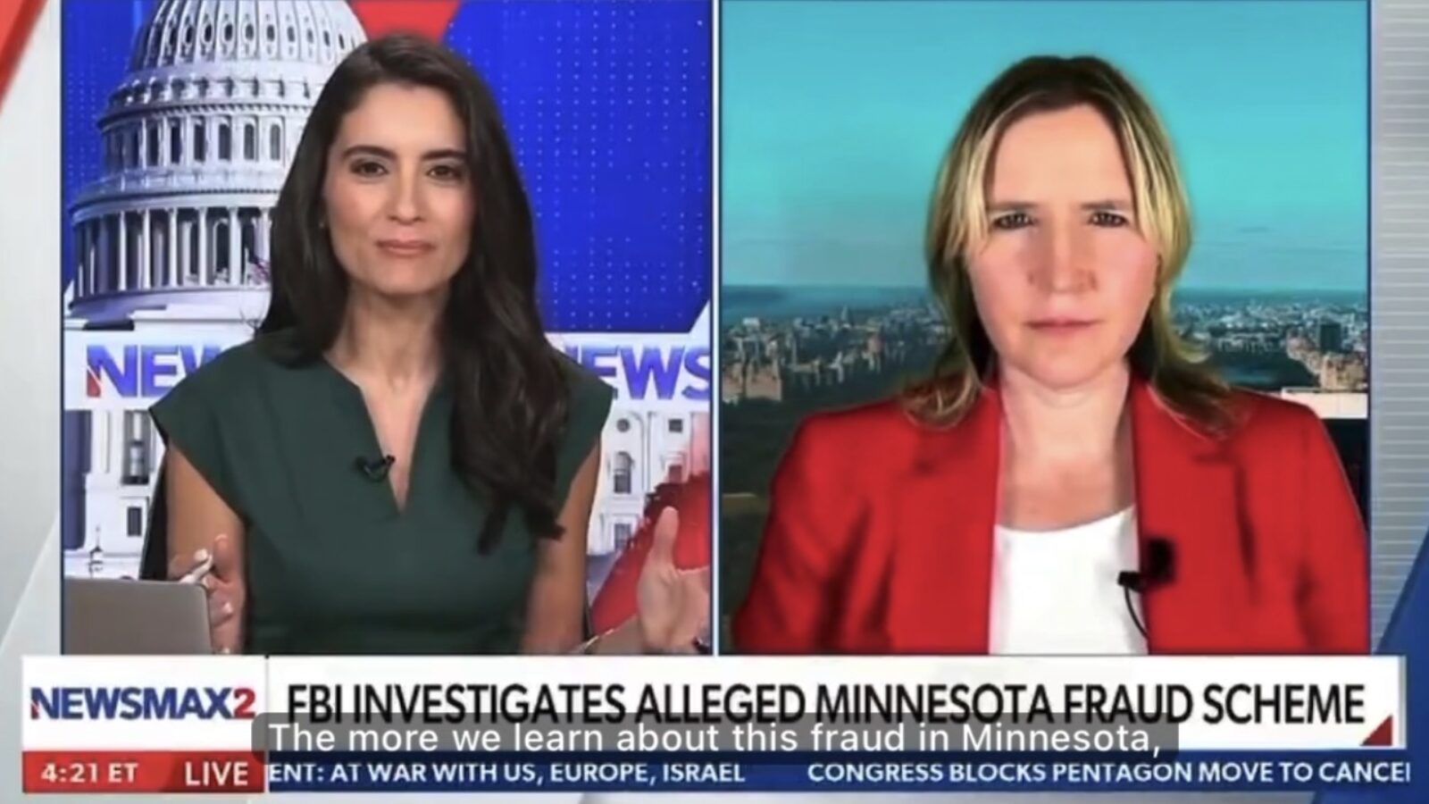 NewsMax hosts discuss the FBI's investigation into an alleged fraud scheme in Minnesota, featuring two women on screen with a backdrop of the U.S. Capitol.
