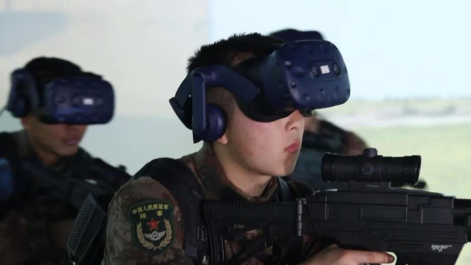 Soldiers using virtual reality headsets for military training exercises, enhancing tactical skills and situational awareness in a simulated environment.