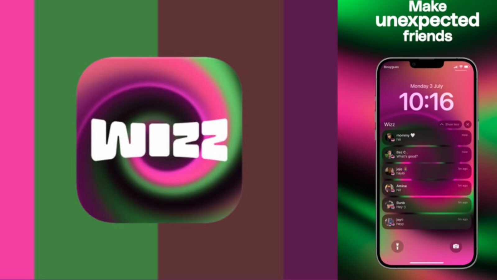 Wizz app icon and notification screen showcasing features for making unexpected friends with vibrant colors and modern design elements.