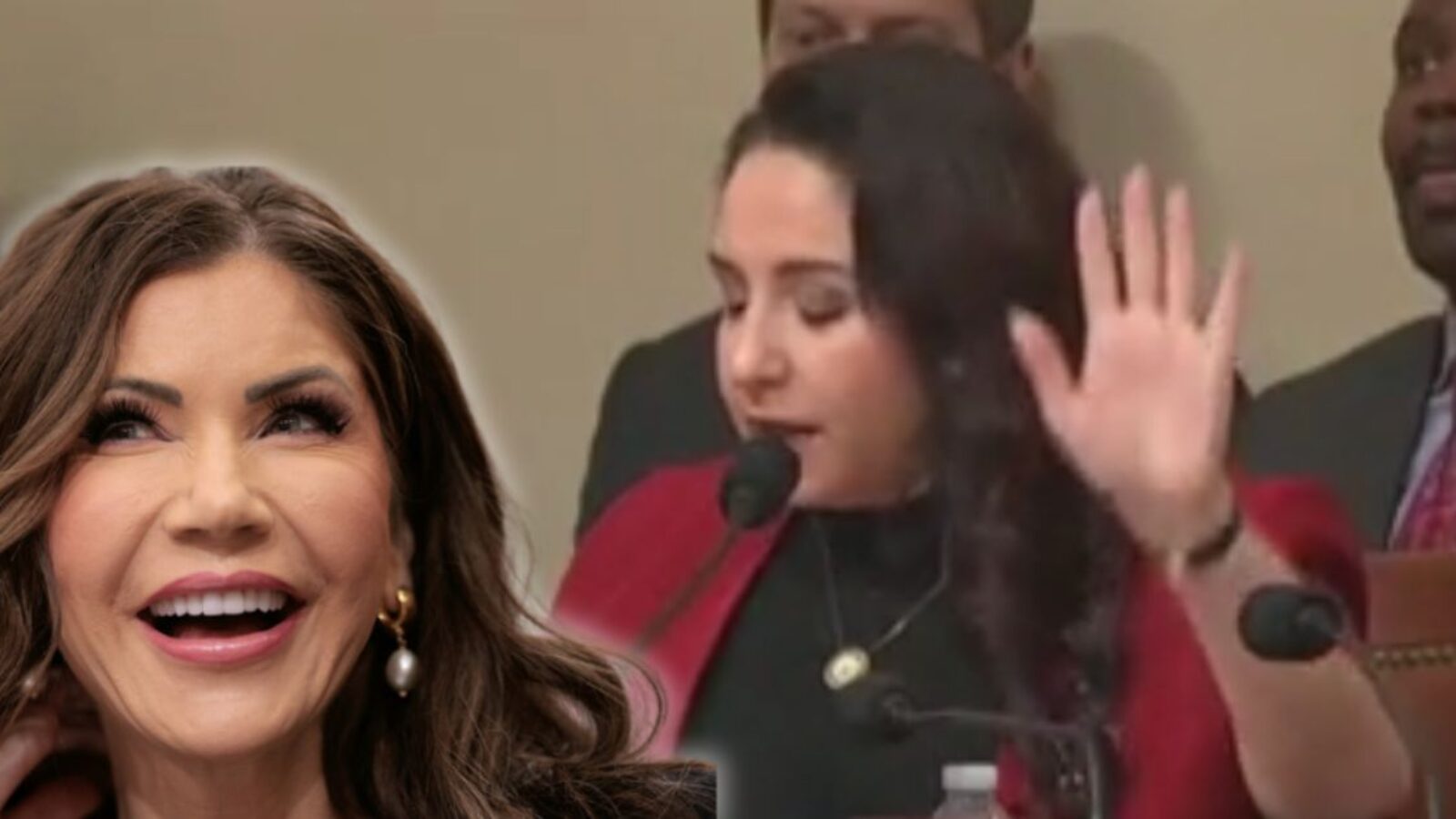 Woman speaking at a congressional hearing raises her hand while a smiling woman is shown in the foreground, highlighting a moment of discussion or testimony.