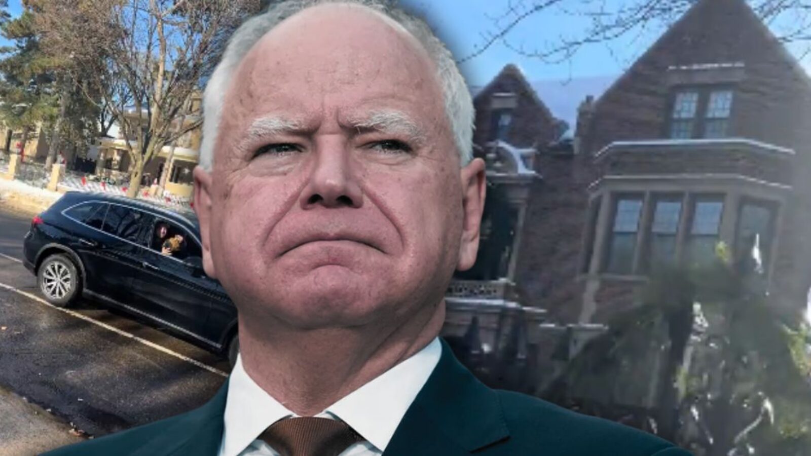 Minnesota Governor Tim Walz looks serious as he addresses a parked car near a historic building, capturing a moment of state leadership in action.