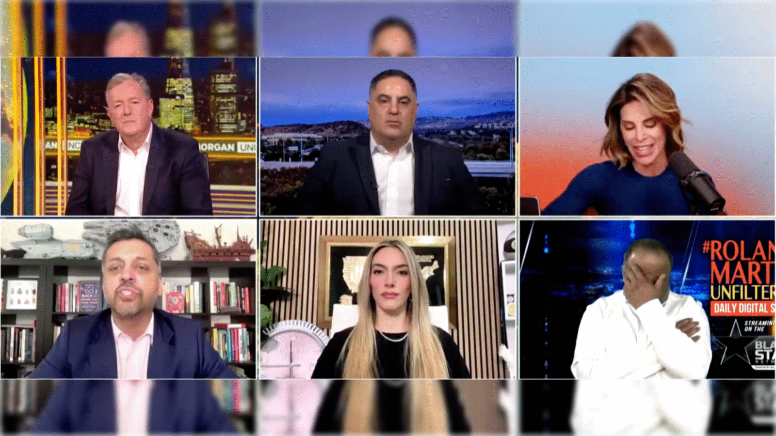Group of diverse commentators discussing current events during a virtual panel on a news show, featuring multiple screens and various backgrounds.