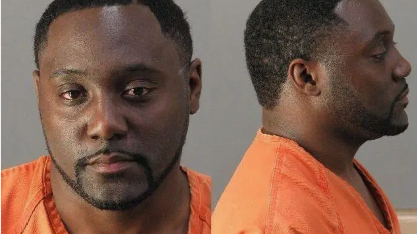 Mugshot of a man in an orange jumpsuit, showcasing front and side views for identification purposes.