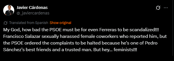 Tweet by Javier Cárdenas discussing a scandal involving Francisco Salazar and the PSOE party, highlighting issues of sexual harassment and political favoritism.