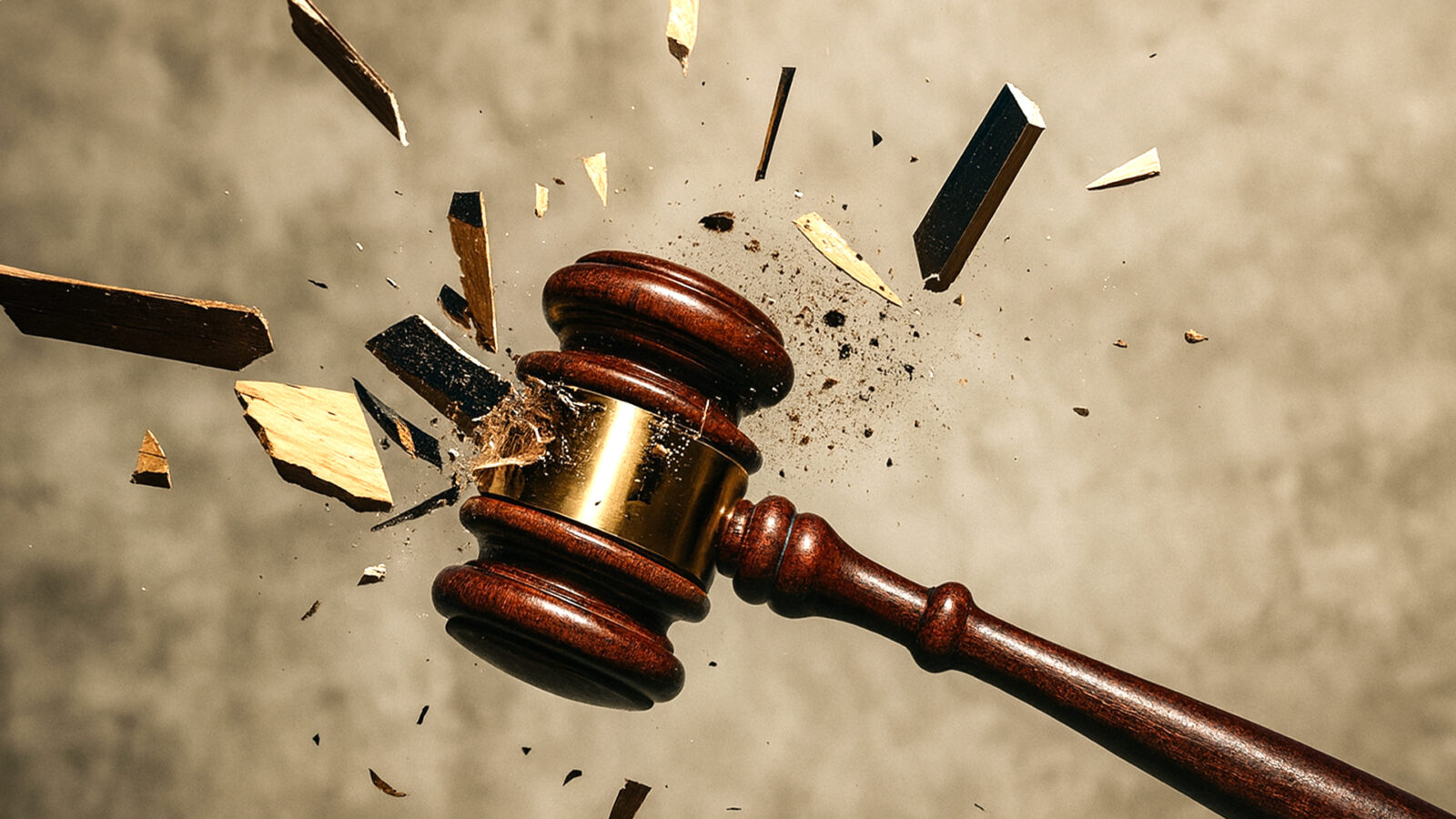 A wooden gavel shattering debris symbolizes the impact of legal decisions and justice in a courtroom setting.