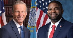 Portrait of two U.S. politicians, one in front of an American flag and the South Dakota state seal, showcasing their professional attire and friendly expressions.