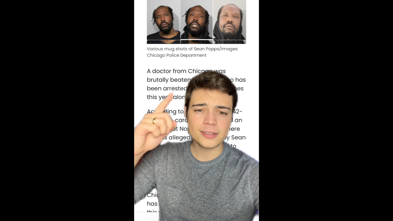 Mug shots of Sean Popps, a suspect in multiple crimes in Chicago, displayed alongside an individual discussing the case.
