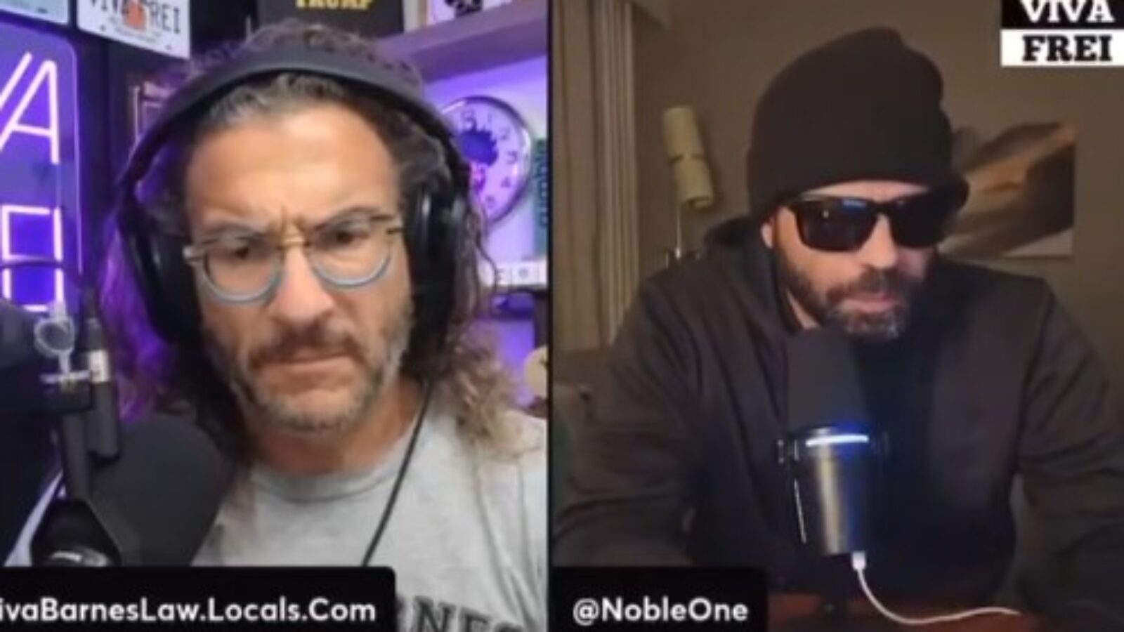 Two men engaged in a discussion on a podcast, with one wearing sunglasses and a beanie, and the other appearing focused, surrounded by colorful lighting.