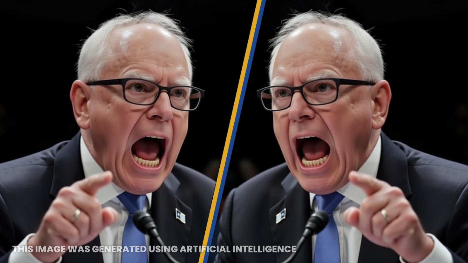 A man in a suit and glasses passionately gestures while speaking into a microphone, expressing strong emotions during a public address.